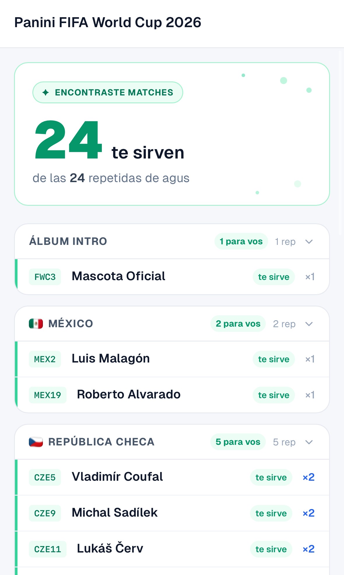 Pantalla de Yala con coincidencias: repetidas que le sirven a otra persona, agrupadas por selección.