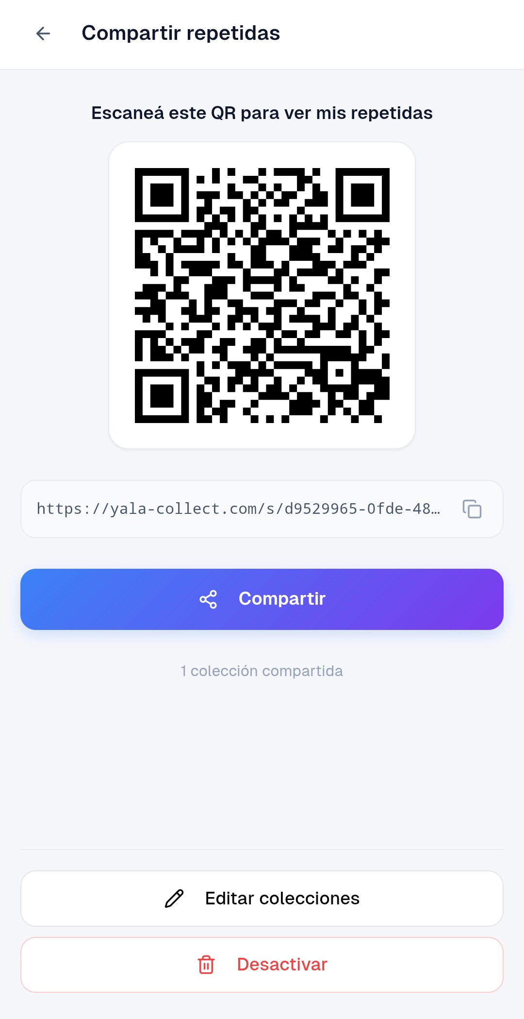 Pantalla de Yala para compartir repetidas con un código QR y un link.