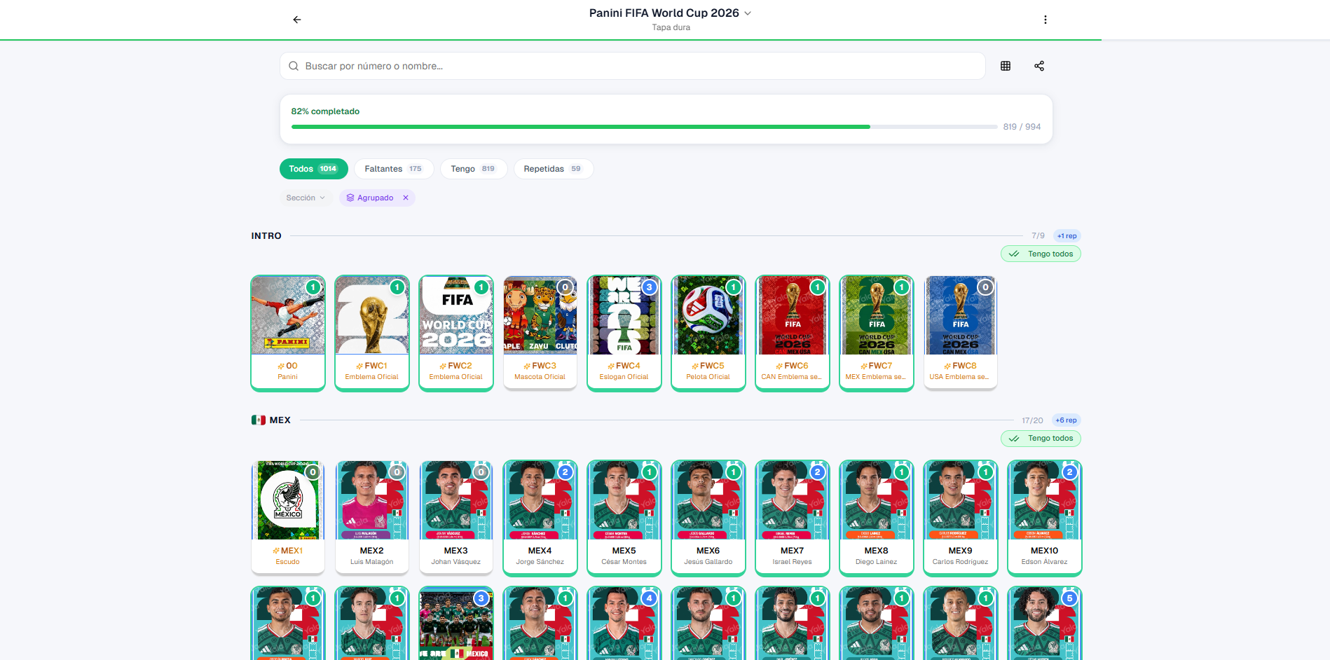 Vista de seguimiento del álbum Panini FIFA World Cup 2026 en Yala: encabezado del set, resumen de progreso, filtros y grilla de figuritas.